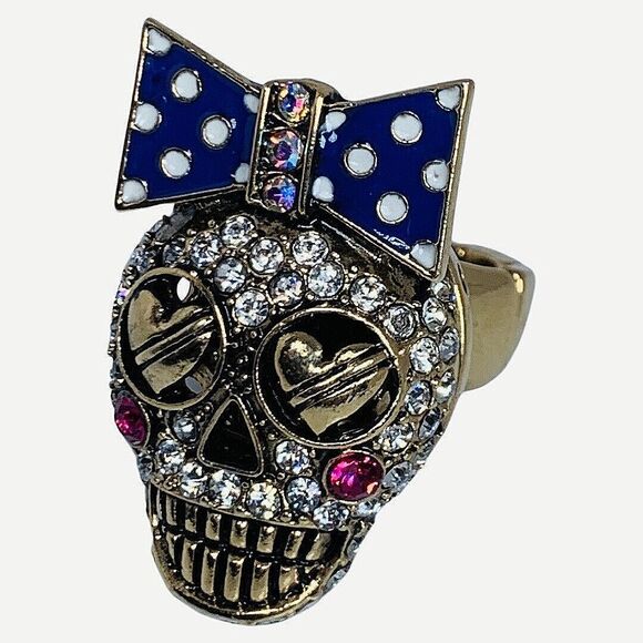 Betsey Johnson Sugar Skull Ring Sz 7 Crystal Stretch Ivy League Polka Dot - Picture 5 of 14